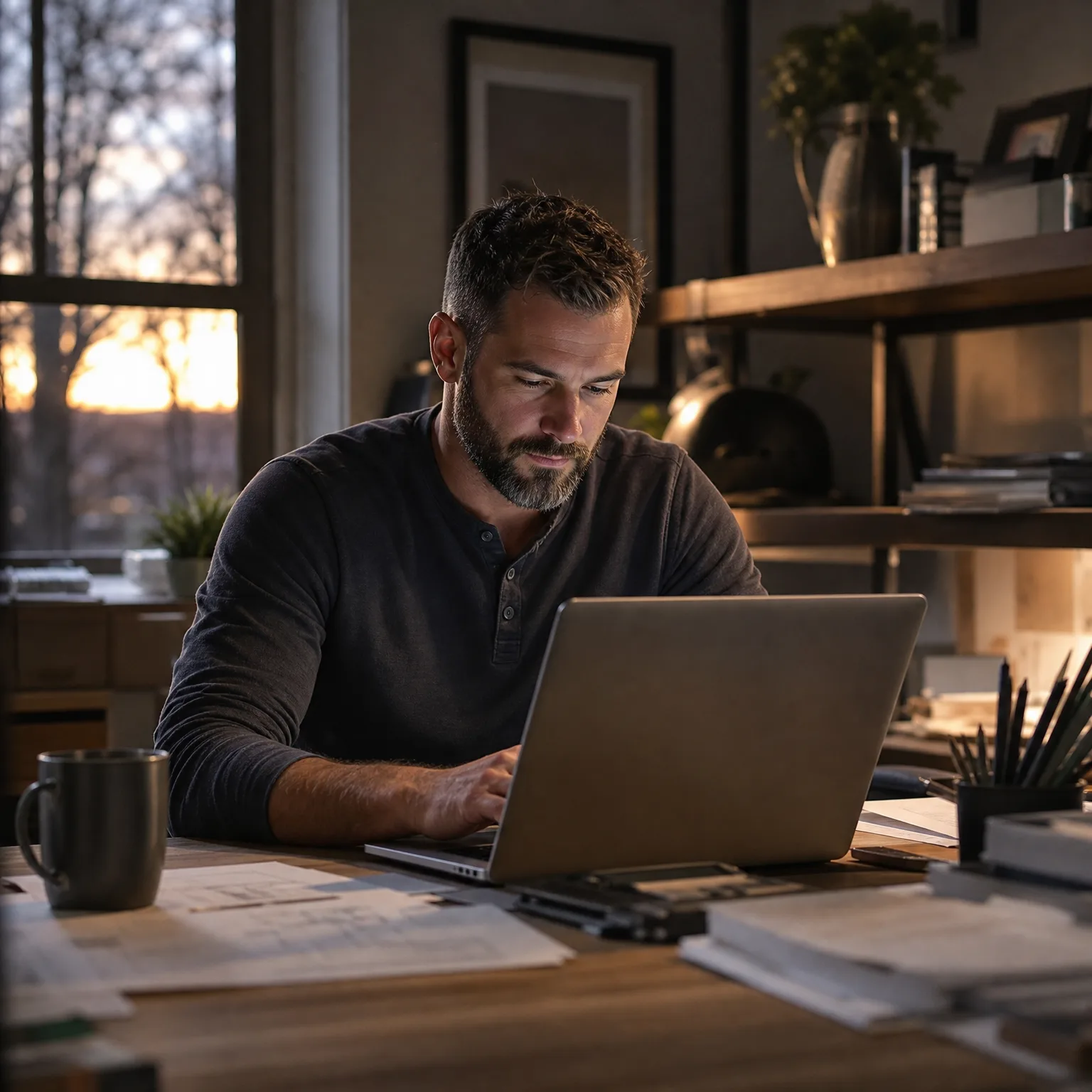 A bearded man in a dark long-sleeved shirt sits at a wooden desk using a laptop, with papers, a mug, and a pencil cup nearby and a window showing a sunset behind him.