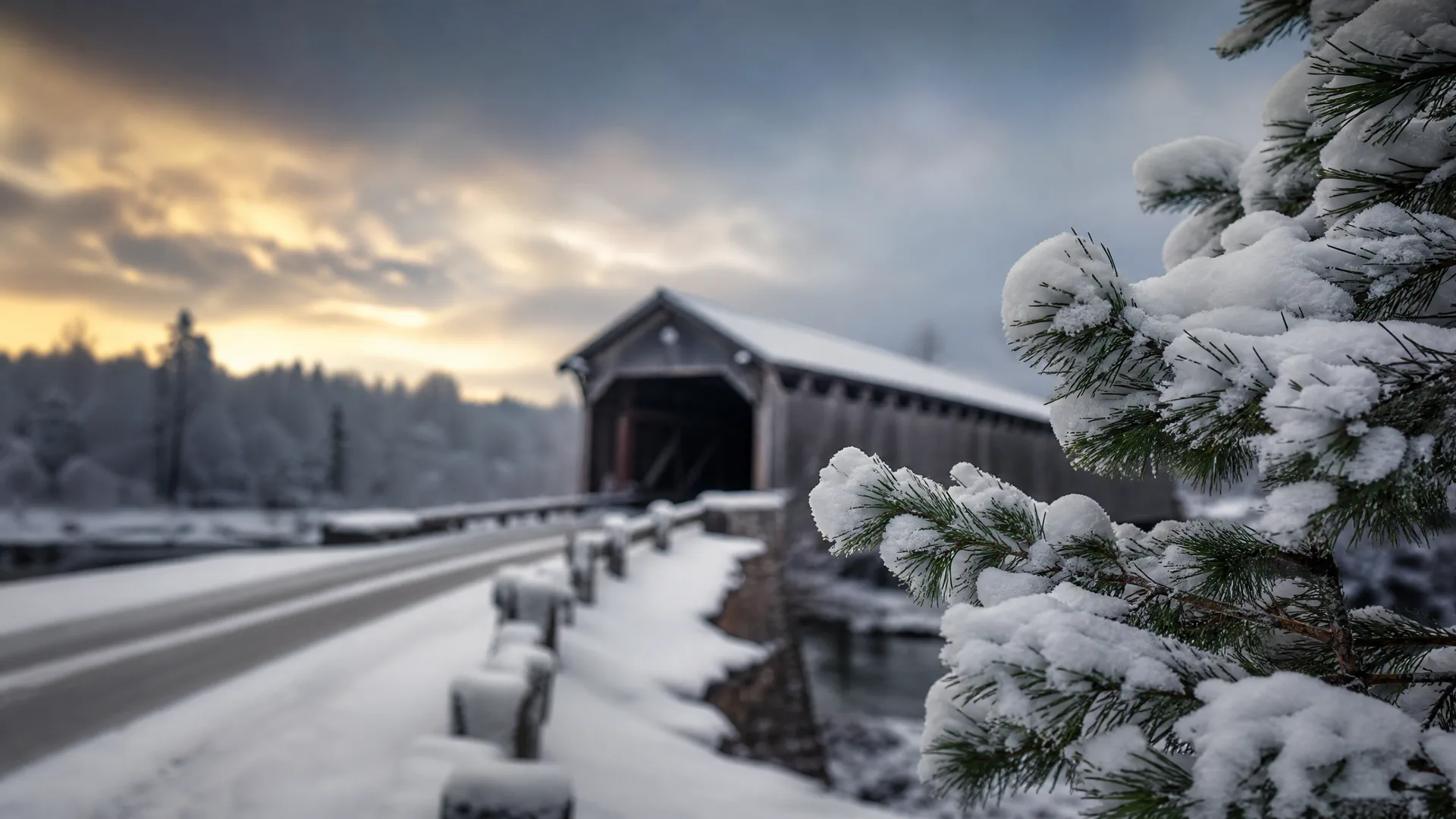 A snow-covered road leads to a dark wooden covered bridge under a cloudy sunset sky, with a snow-laden pine branch in sharp focus in the right foreground.